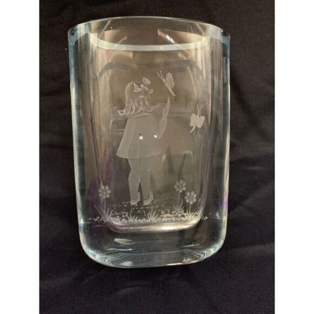 Strombergshyttan Crystal Vase B924 5" Tall Girl W Butterfly Sweden Signed C1948